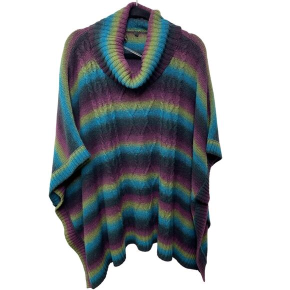Cupio Acrylic Oversized Poncho Sweater Chunky Knit Stripe Rainbow Multicolor S M - Picture 1 of 7